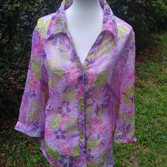 Coral Bay Tops - Sheer floral button down top by Coral Bay sz 2X